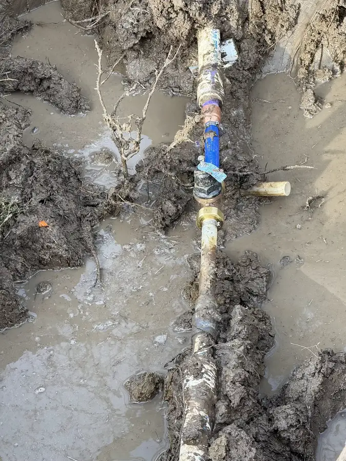 A water line exposed in a muddy trench with a blue fitting where a section was repaired